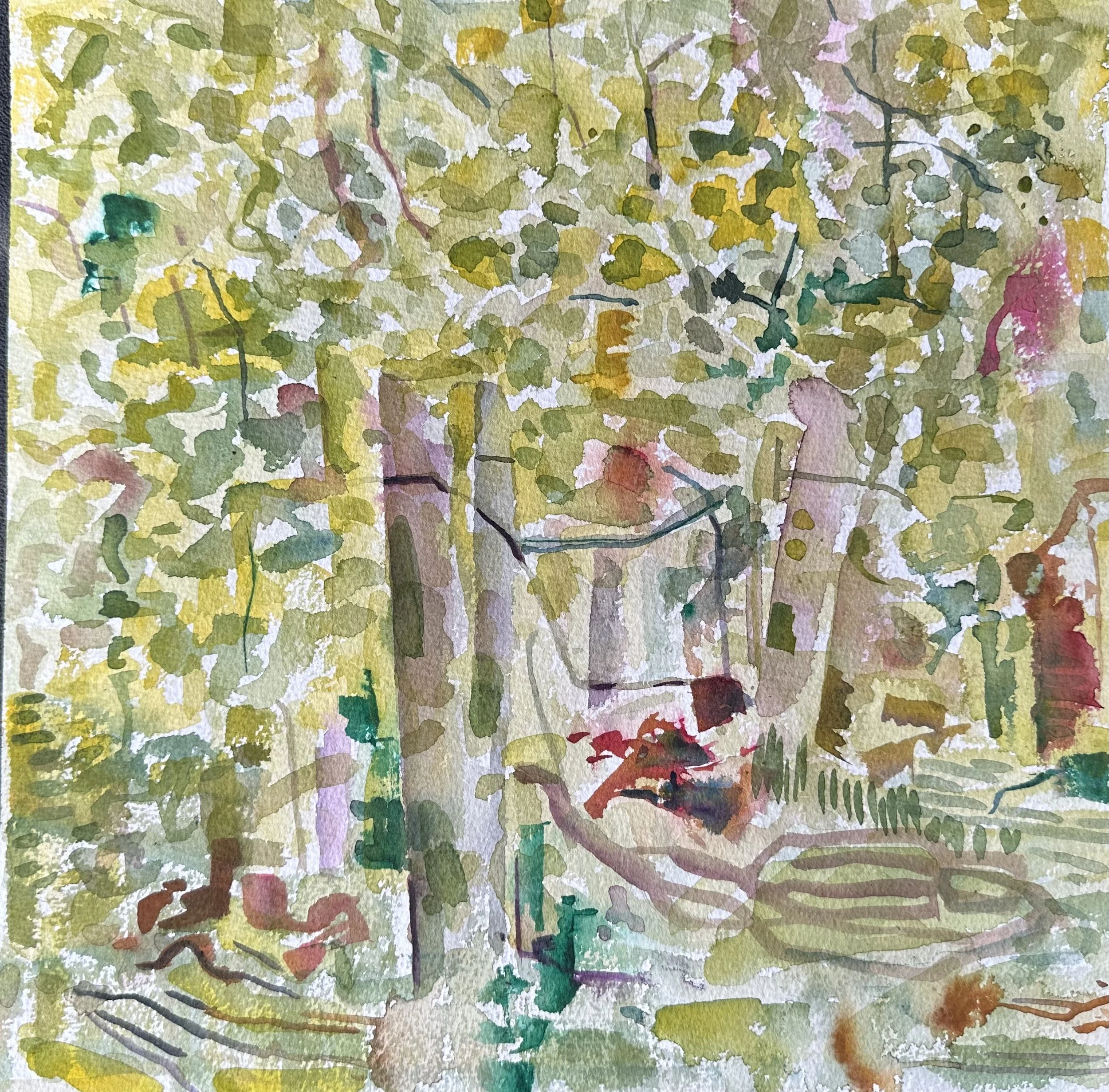 Watercolor painting of a garden scene with trees, plants, and garden furniture.