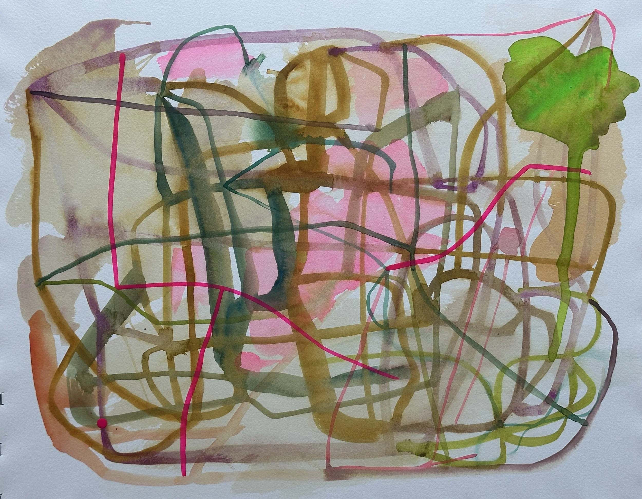 Abstract watercolor painting with overlapping lines and shapes in pink, green, brown, yellow, and purple on a white background.