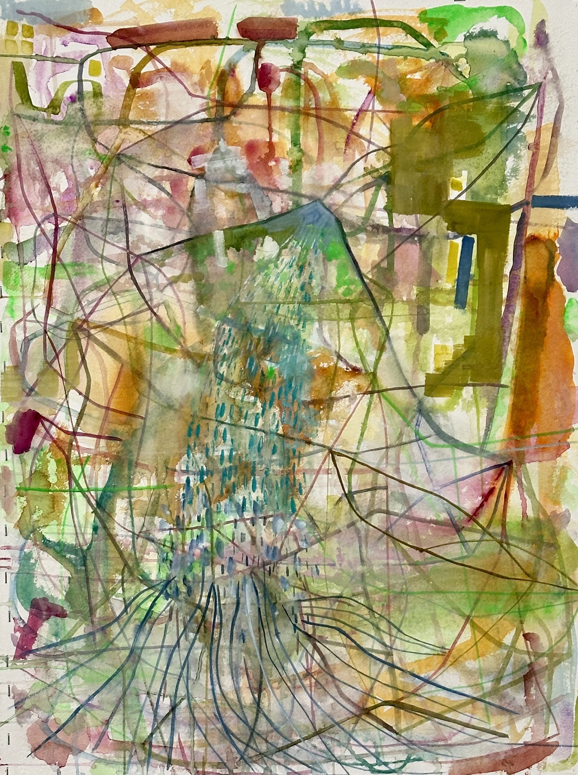 Abstract watercolor painting with multicolored lines, shapes, and a central blue-green shape resembling a jellyfish or an umbrella. Mix of organic and geometric forms in various colors.