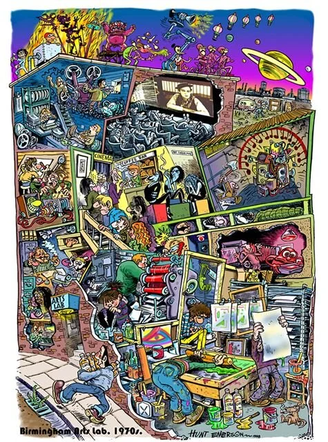 Figure 3. Hunt Emerson. ‘Birmingham Arts Lab 1970s’. Back cover, Birmingham Museum and Art Gallery,  The Birmingham Arts Lab: The Phantom of Liberty  (1998). © Hunt Emerson