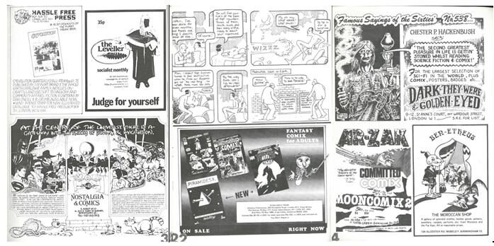Figure 5. Adverts from  Streetcomix  #4, Ar:Zak, The Arts Lab Press, p. 33; p. 22; p. 4. © the artists