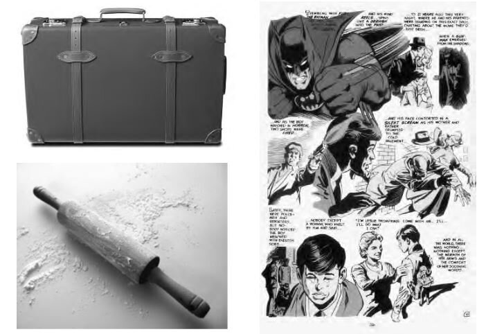 Clockwise : A comic, a rolling pin, a suitcase. In Turkle (2007),  Evocative objects