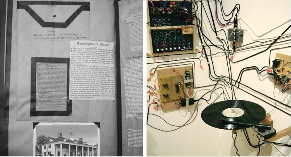 Left to right : Page of Alexander Gumby’s scrapbook. In Garvey (2012),  Writing with scissors. Reel to Reel , installation by Jeff Shore and Jon Fisher. On the cover of Sterne (2012),  MP3.