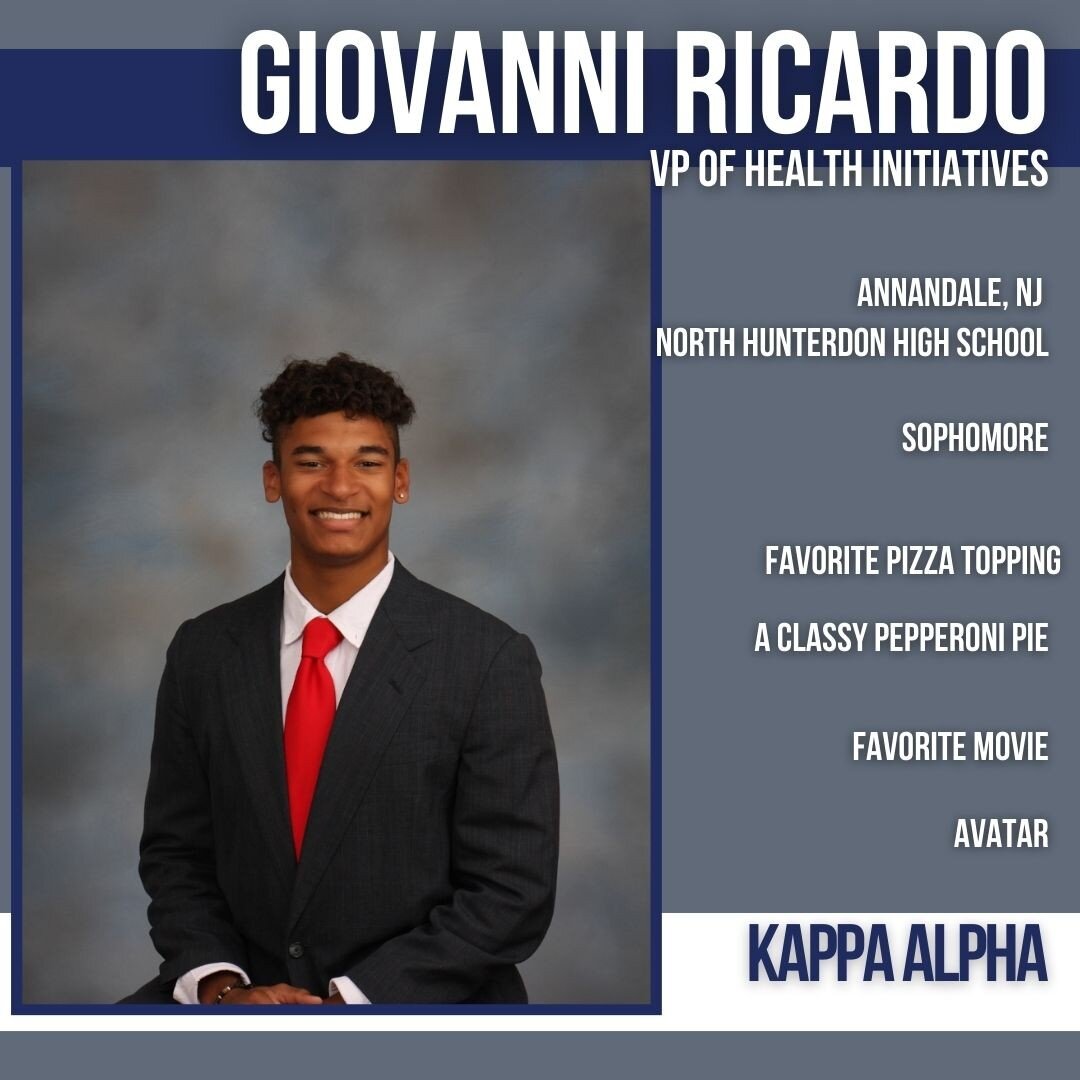 Meet Giovanni Ricardo, the IFC VP of Health Initiatives!

Giovanni is a sophomore from Annadale, NJ and a brother of Kappa Alpha. When asked why he wanted to be involved with the IFC community, Giovanni said:

&quot;My position lets me directly help 