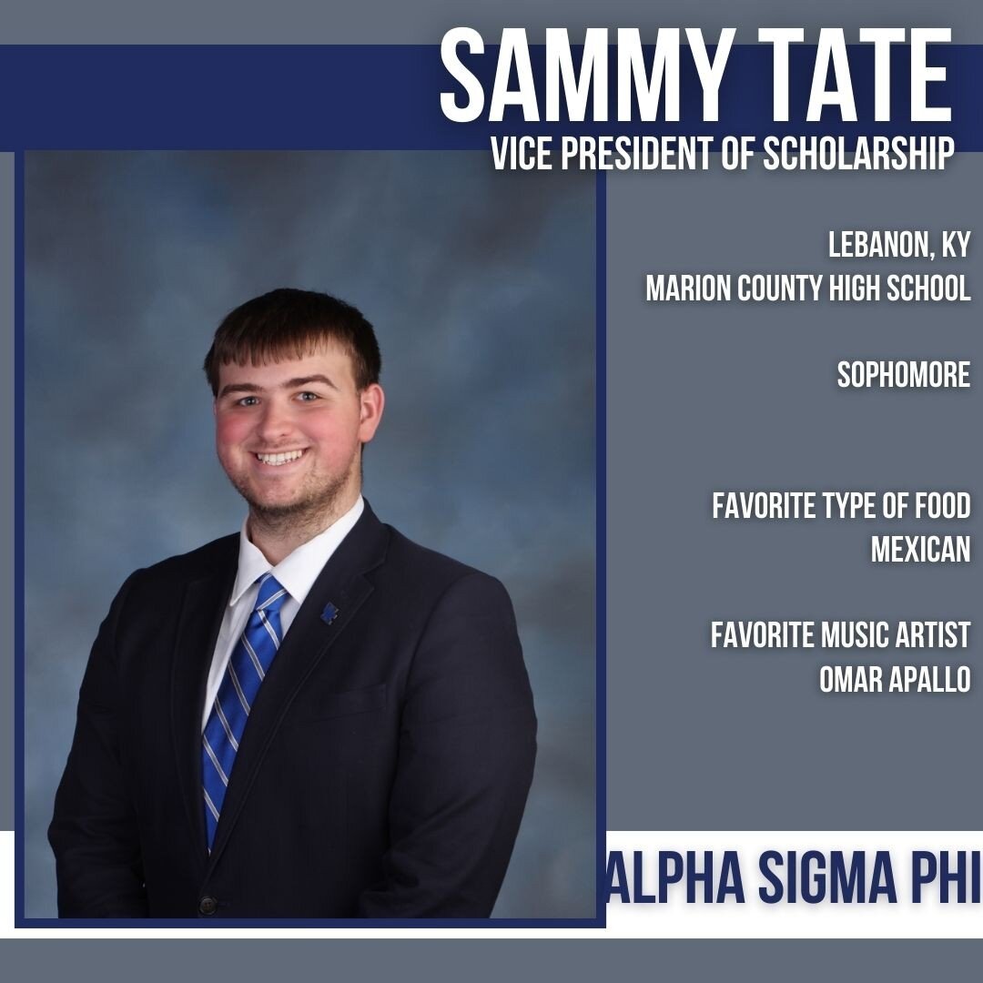 Sammy Tate, the IFC VP of Scholarships!

Sammy is a sophomore from Lebanon, KY and a brother of Alpha Sigma Phi. When asked why he wanted to be involved with the IFC community, Sammy said:

&quot;I joined IFC because I was searching for a brotherhood
