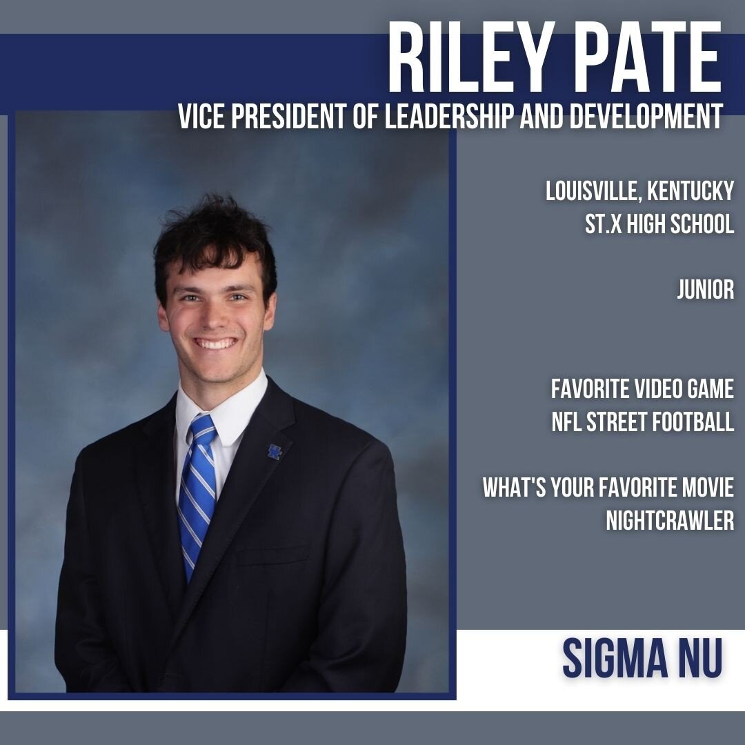 Meet Riley Pate, the IFC VP of Leadership and Development!

Riley is a junior from Louisville, KY and a brother of Sigma Nu. When asked why he wanted to be involved with the IFC community, Riley said:

&quot;To meet guys from all over and to establis