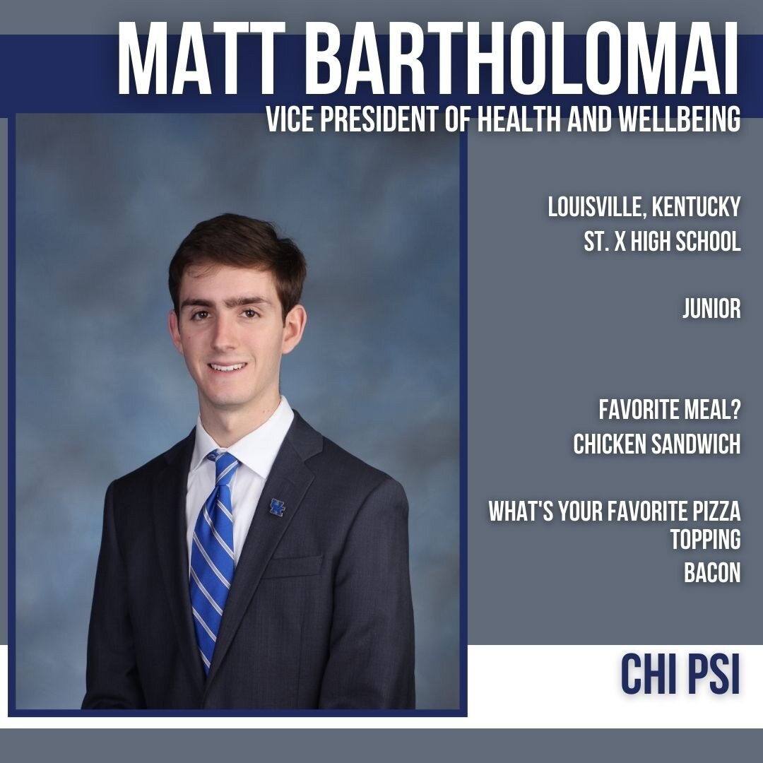 Meet Matt Bartholomai, the IFC VP of health and wellbeing!

Matt is a junior from Louisville, KY and a brother of Chi Psi. When asked why he wanted to be involved with the IFC community, Matt said:

&quot;To try to make a difference in the community 