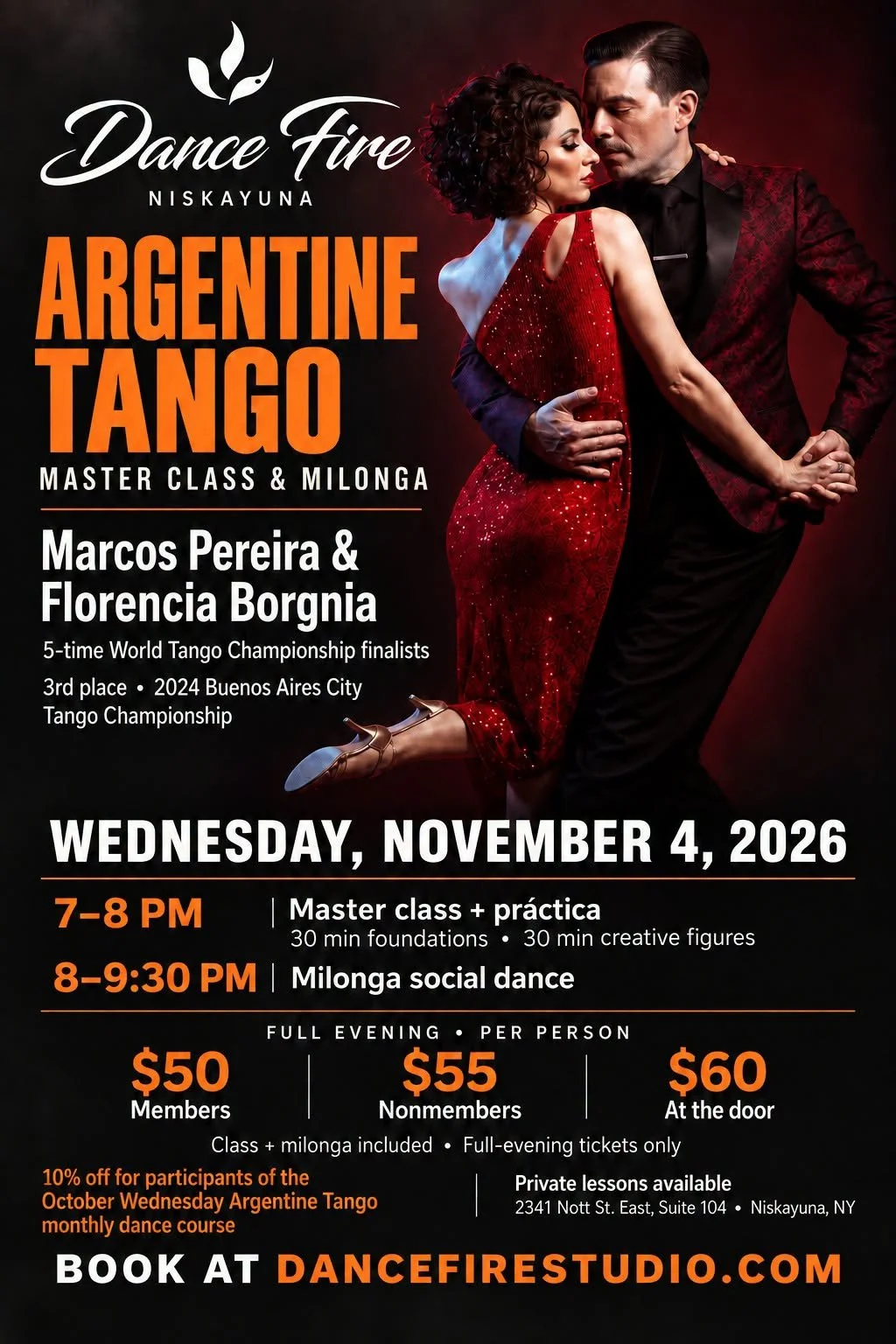 Dance Fire poster for the November 4, 2026 Argentine Tango master class and milonga with Marcos Pereira and Florencia Borgnia.