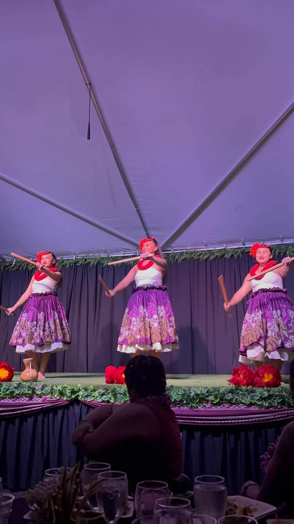Performers in pink costumes dance on the stage during the Hawaii outing