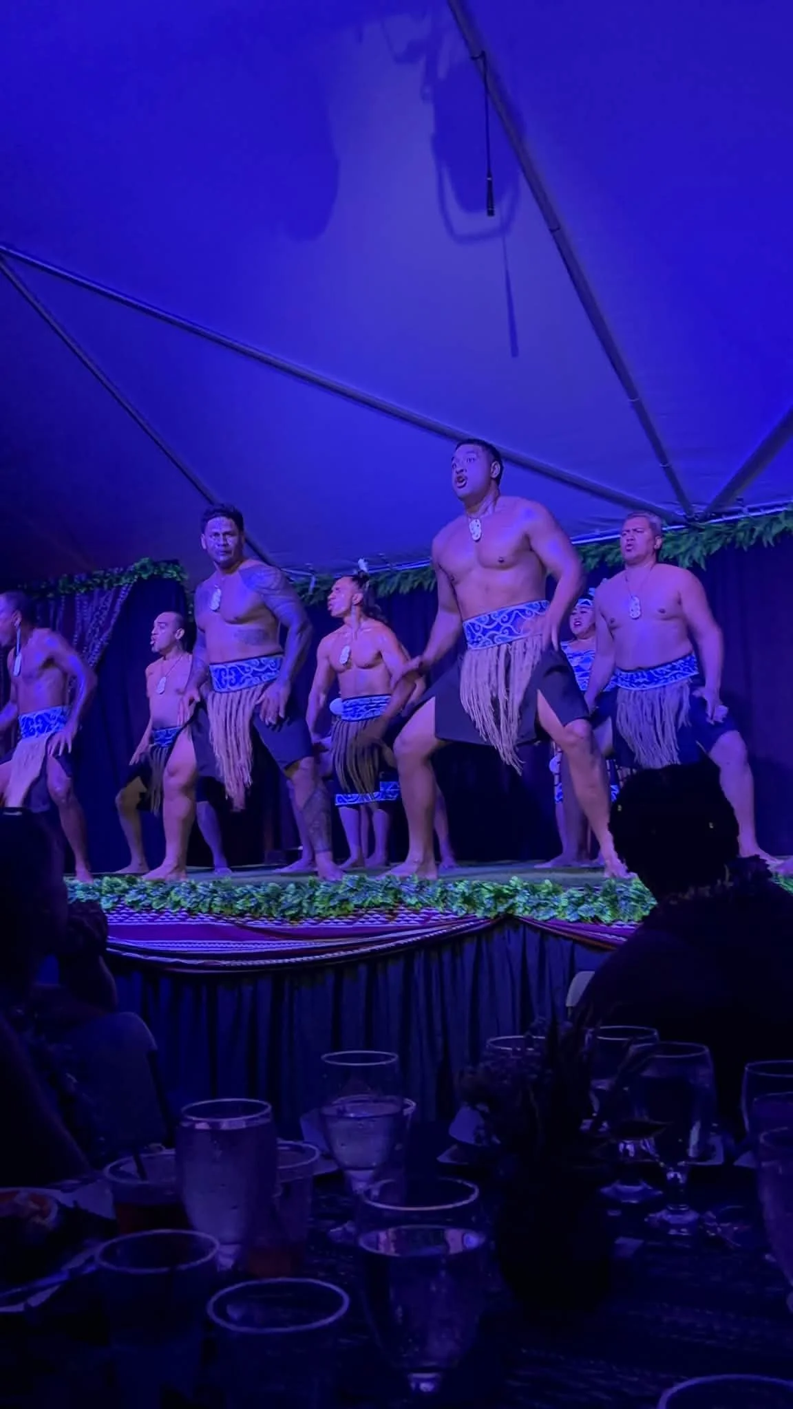 An evening stage performance takes place under blue lighting