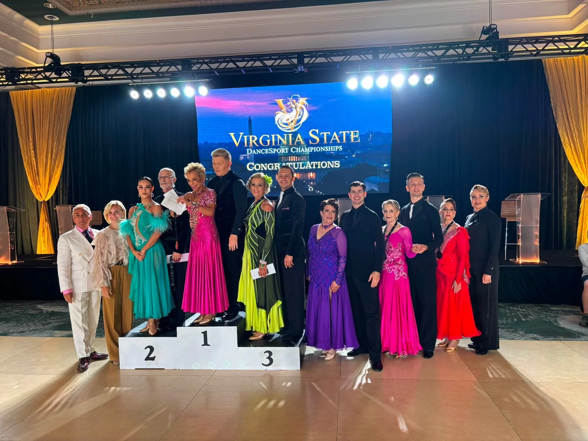 Ballroom competitors gather on the Virginia DanceSport awards podium