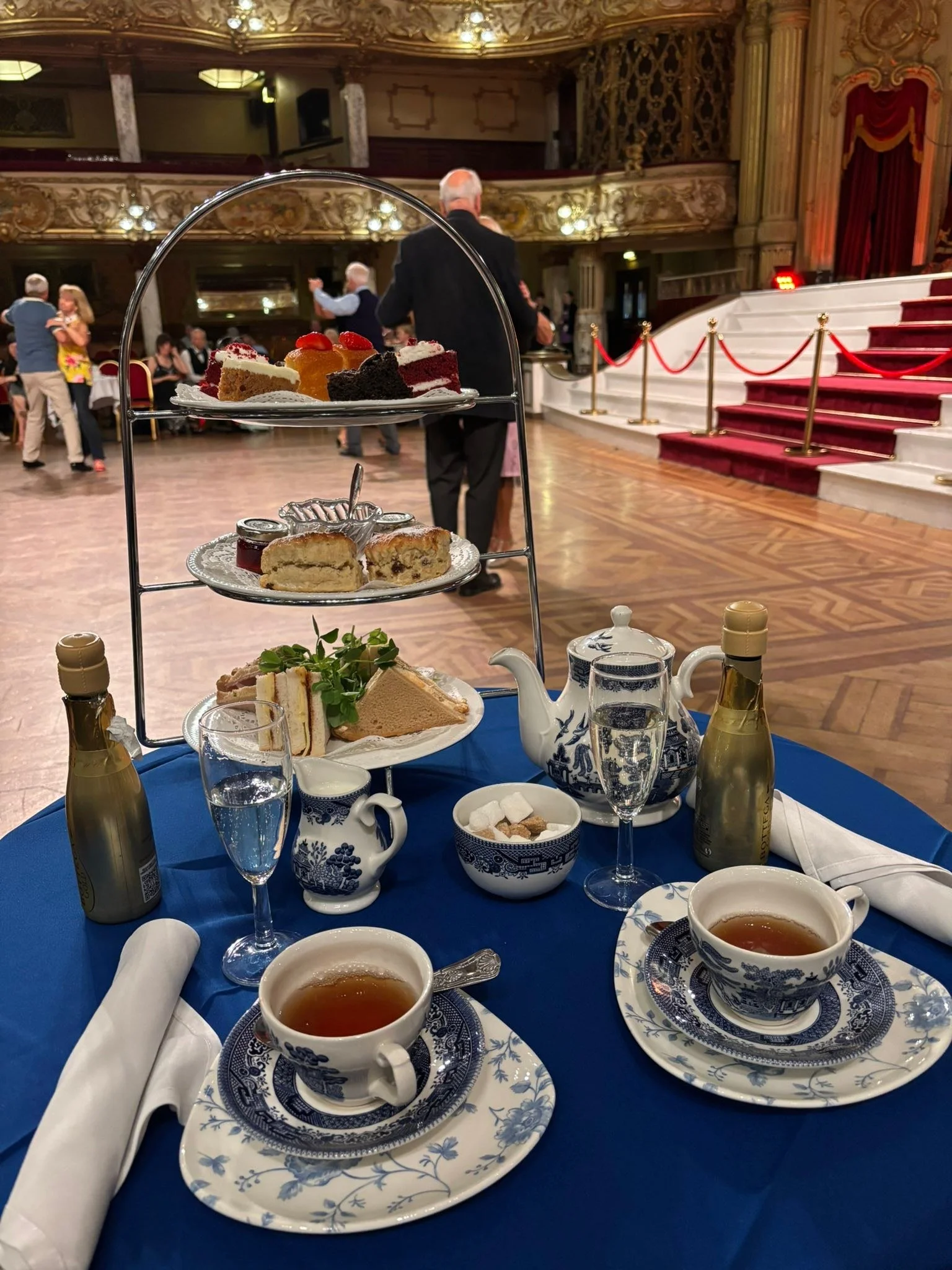 Afternoon tea is served at a table beside the Blackpool ballroom
