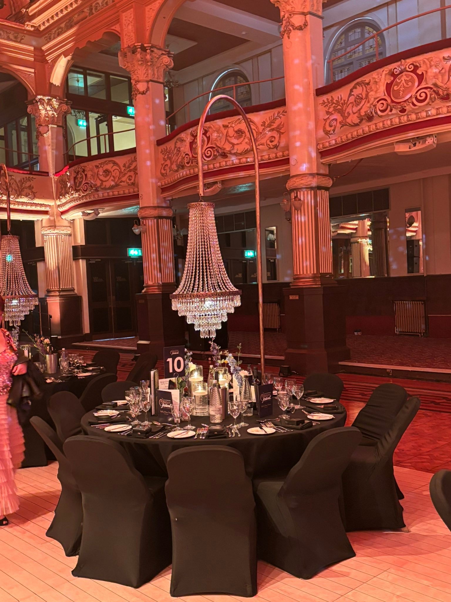 Tables and ornate architecture inside the Blackpool gala ballroom