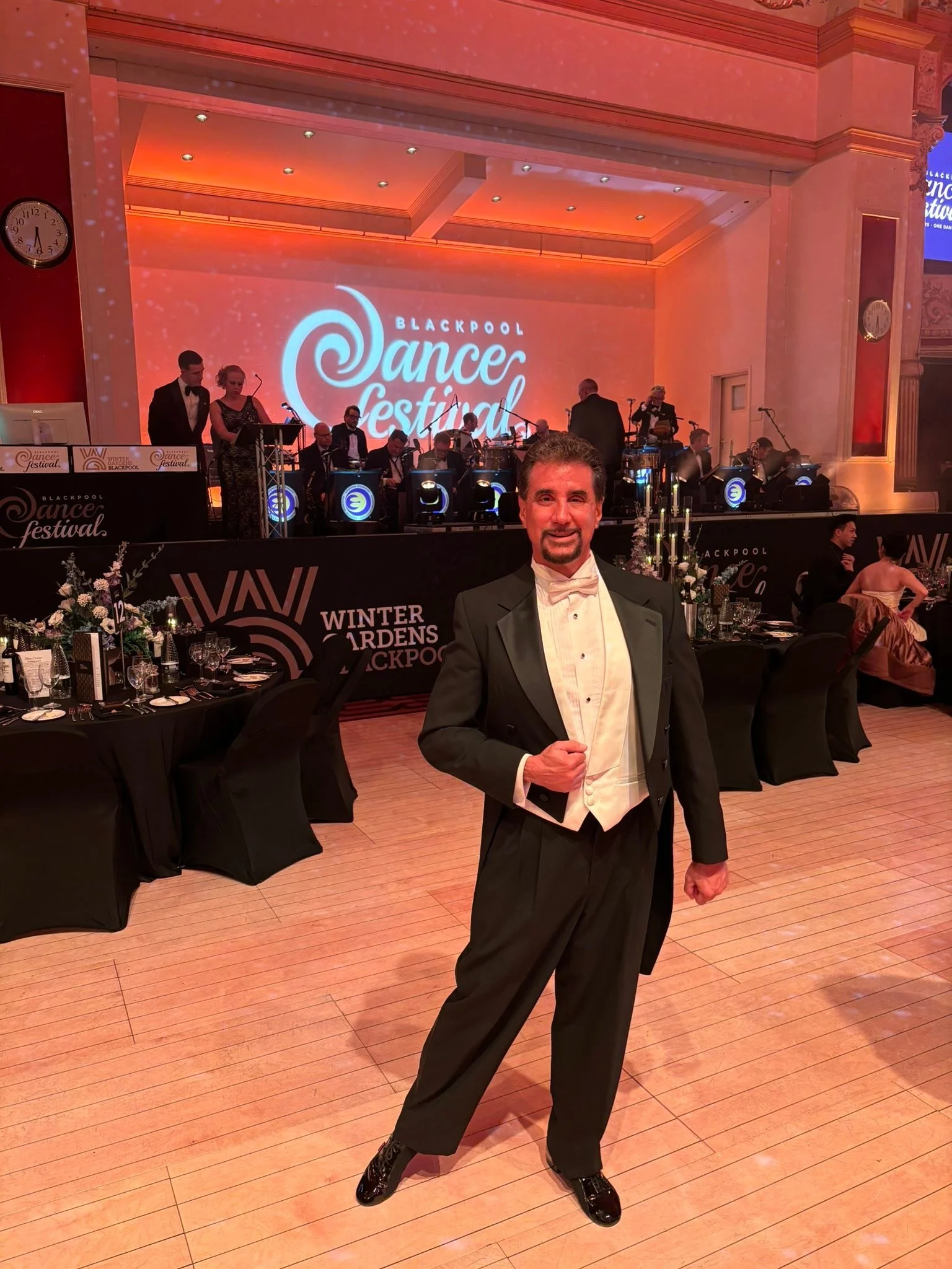 A Dance Fire participant poses in a tuxedo at the Blackpool gala