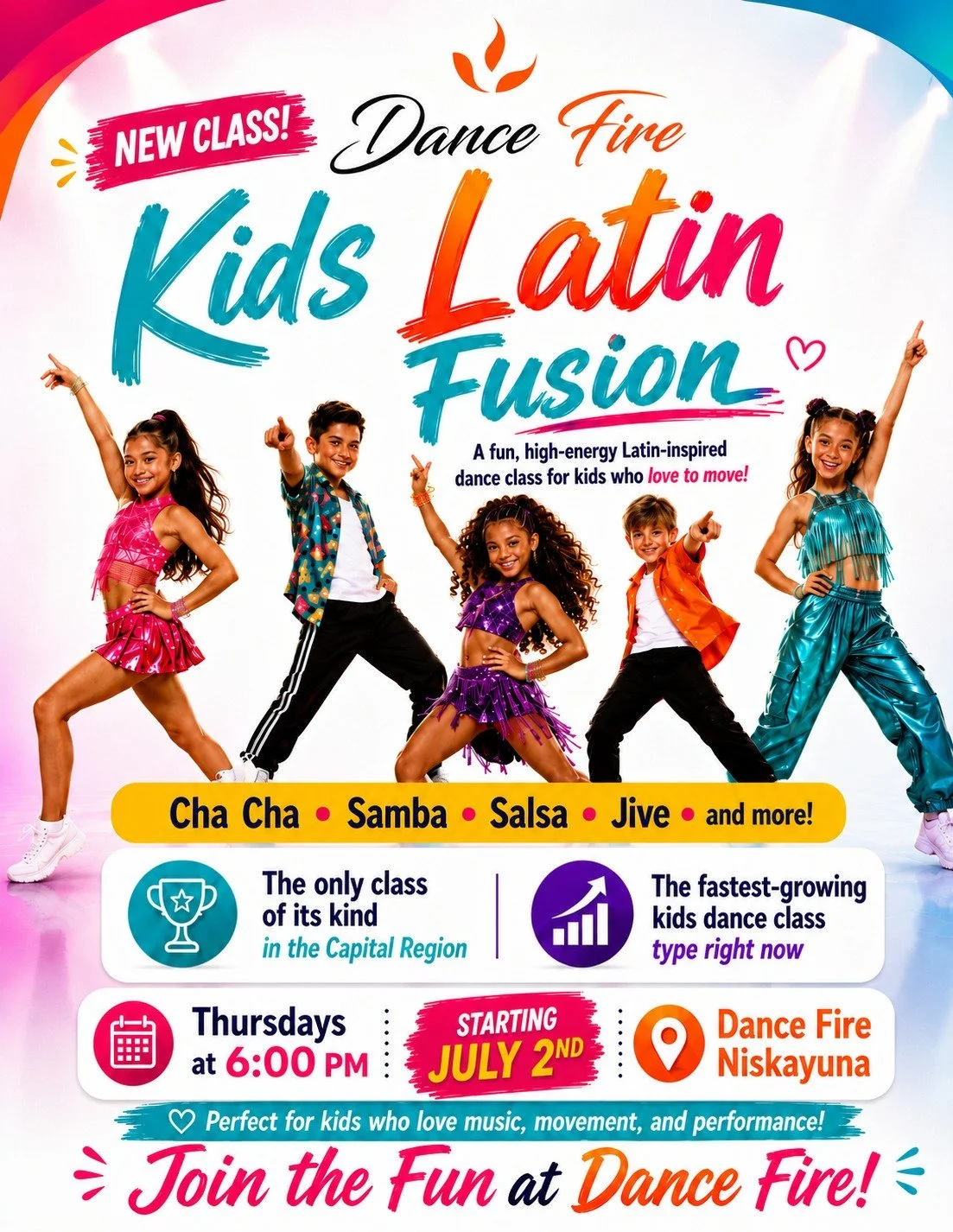 Historical Kids Latin Fusion launch poster announcing the July 2, 2026 class at Dance Fire Niskayuna