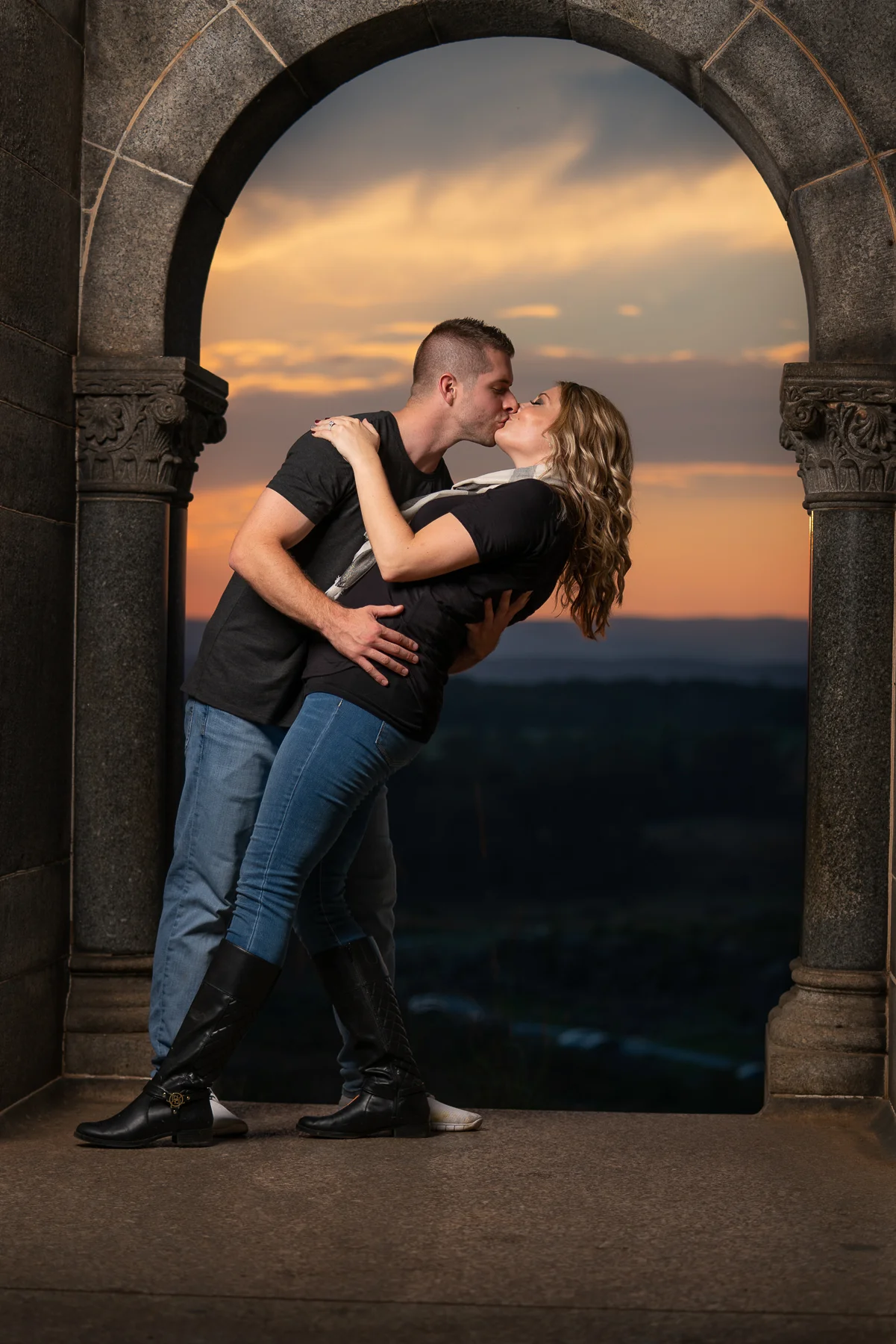 Sunset Engagement Session at the Castle Monument at LIttle Round Top in the Gettysburg National Military Park, Gettysburg, PA.