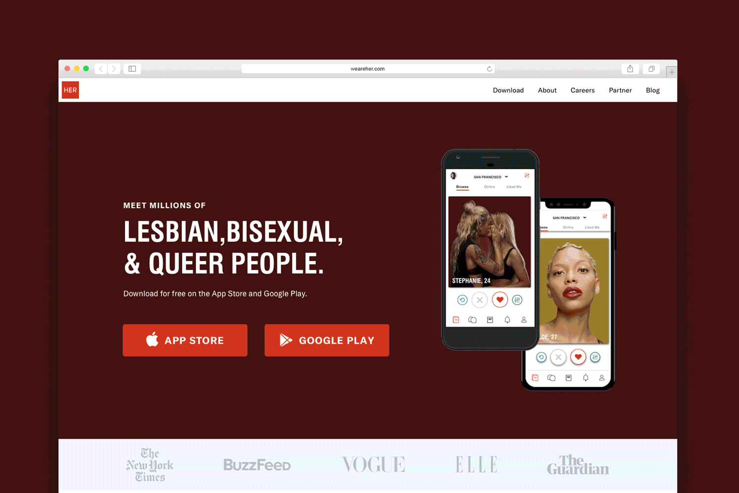 Re-design of the HER website that prioritized increasing the rate of conversion for app installations. Worked with and managed our internal engineering team as well as an external developer to not only oversee the completion of the actual design of the new site, but to ensure that all metrics tracking was implemented and working correctly.