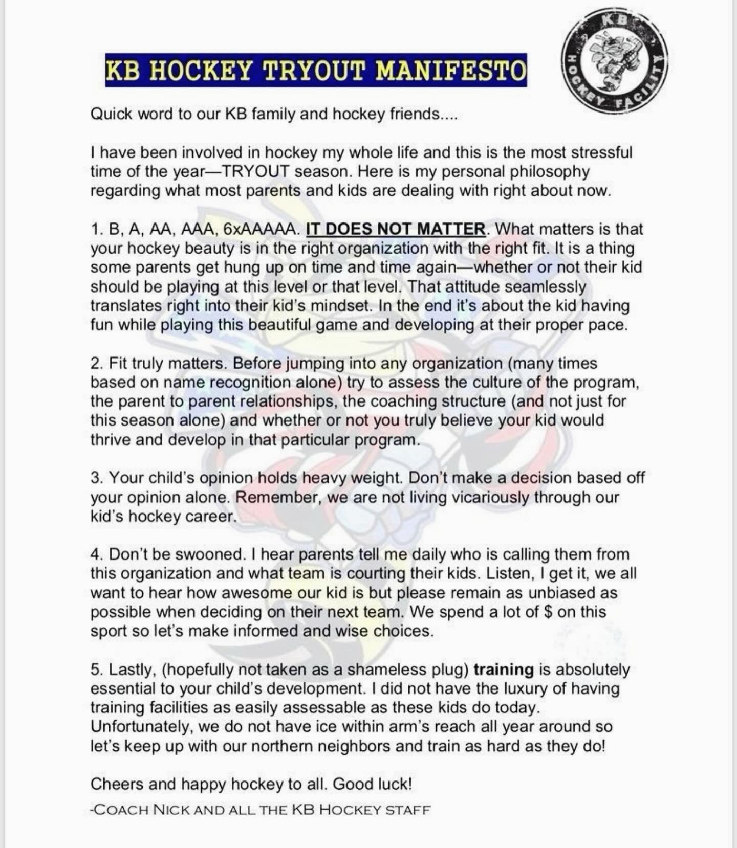 It&rsquo;s that time of the year again! Tryouts can be daunting and super stressful for both the kids and parents. Here is something I created years ago but still holds true today. Good luck to all. -Coach Nick Carro