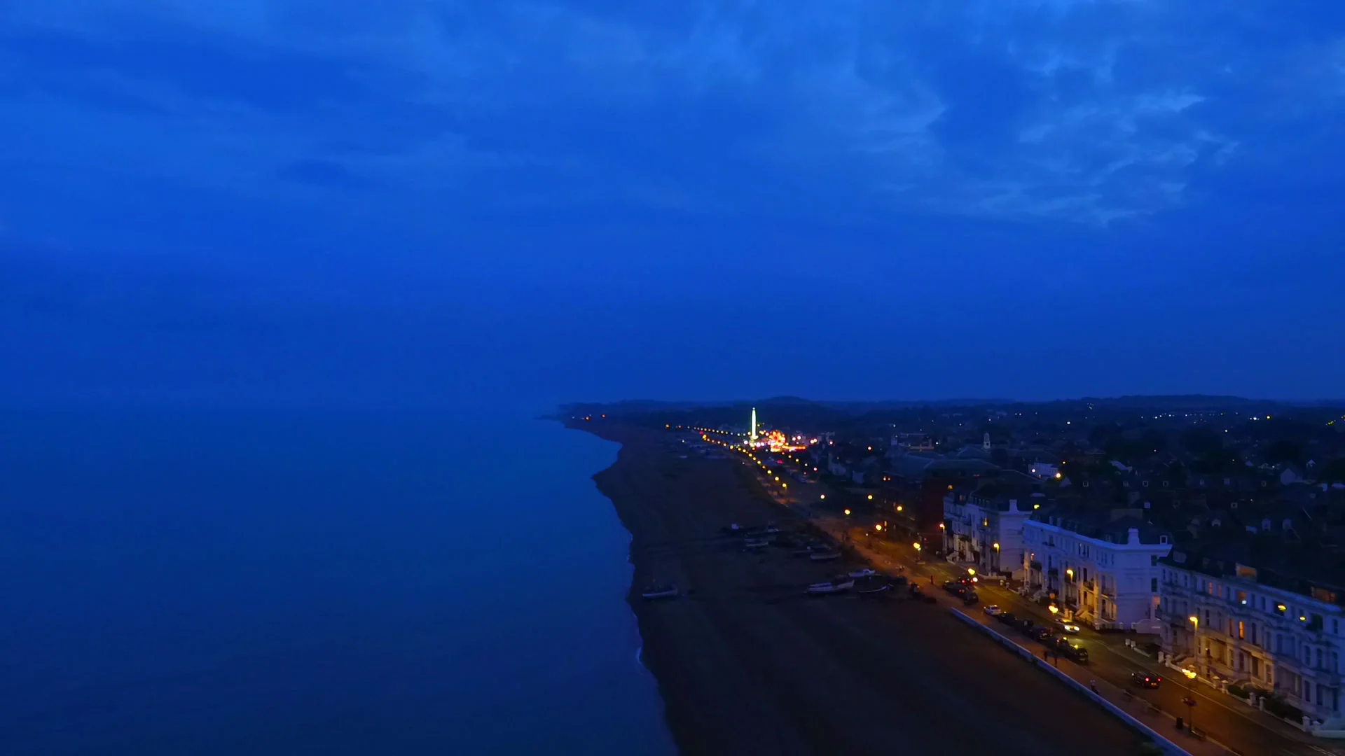 In the hazy twilight the deep blue sky almost merges with the sea to create this moody shot of the Kent coastline. Shot with a Micro four-thirds camera mounted on an Inspire 1 UAV.