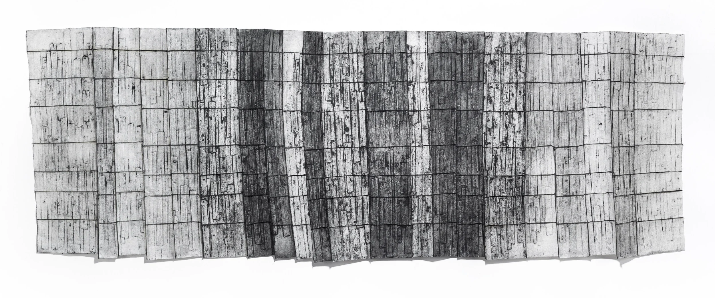 Partitioning, 2017, Deconstructed collagraph prints on kozo paper, thread, wax, 30 x 95.5 x 3 inches
