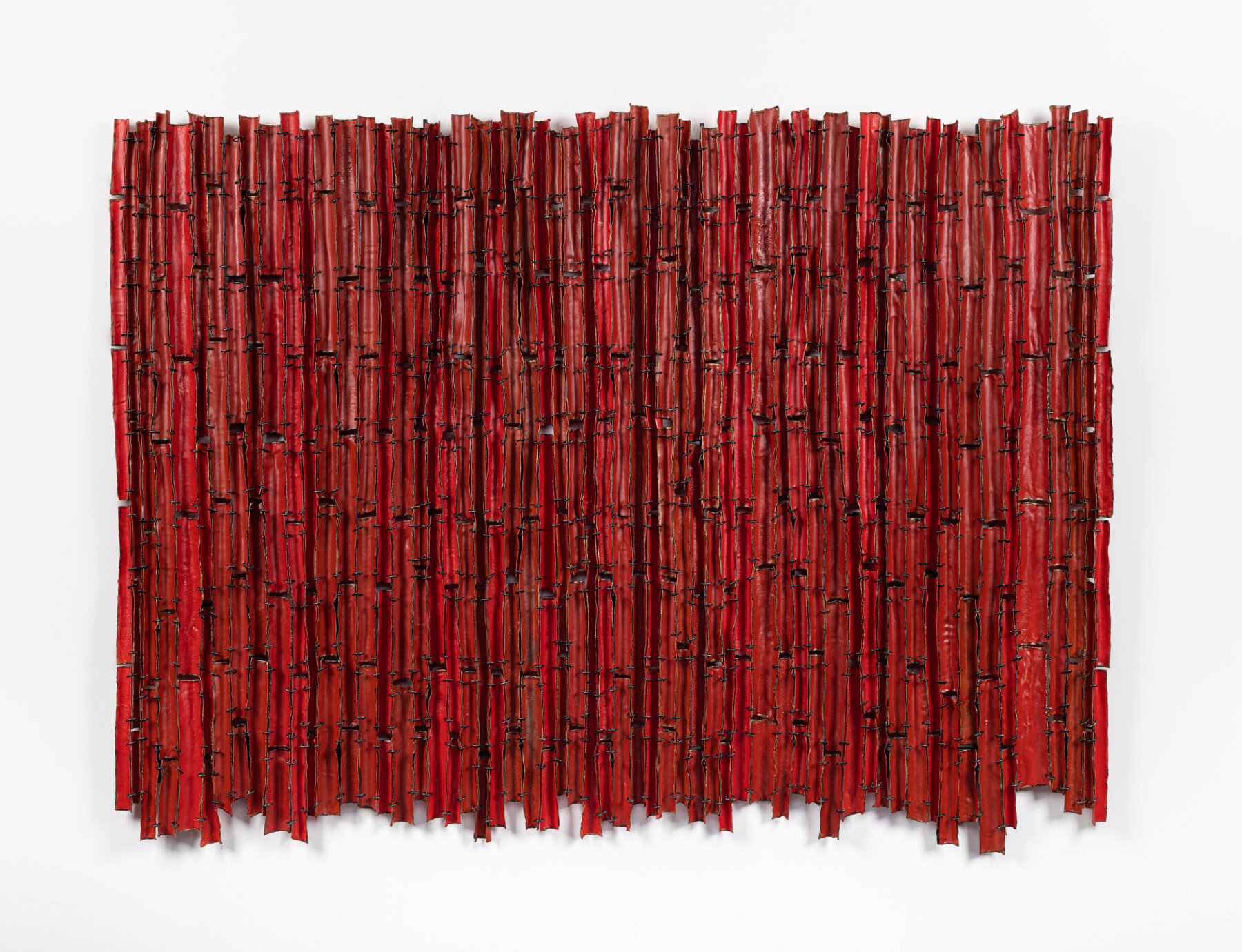 Along Porous Borders (Red), 2019, Waxed cloth, hog rings, welded steel, 40 x 54 x 1.5 inches-web.jpg