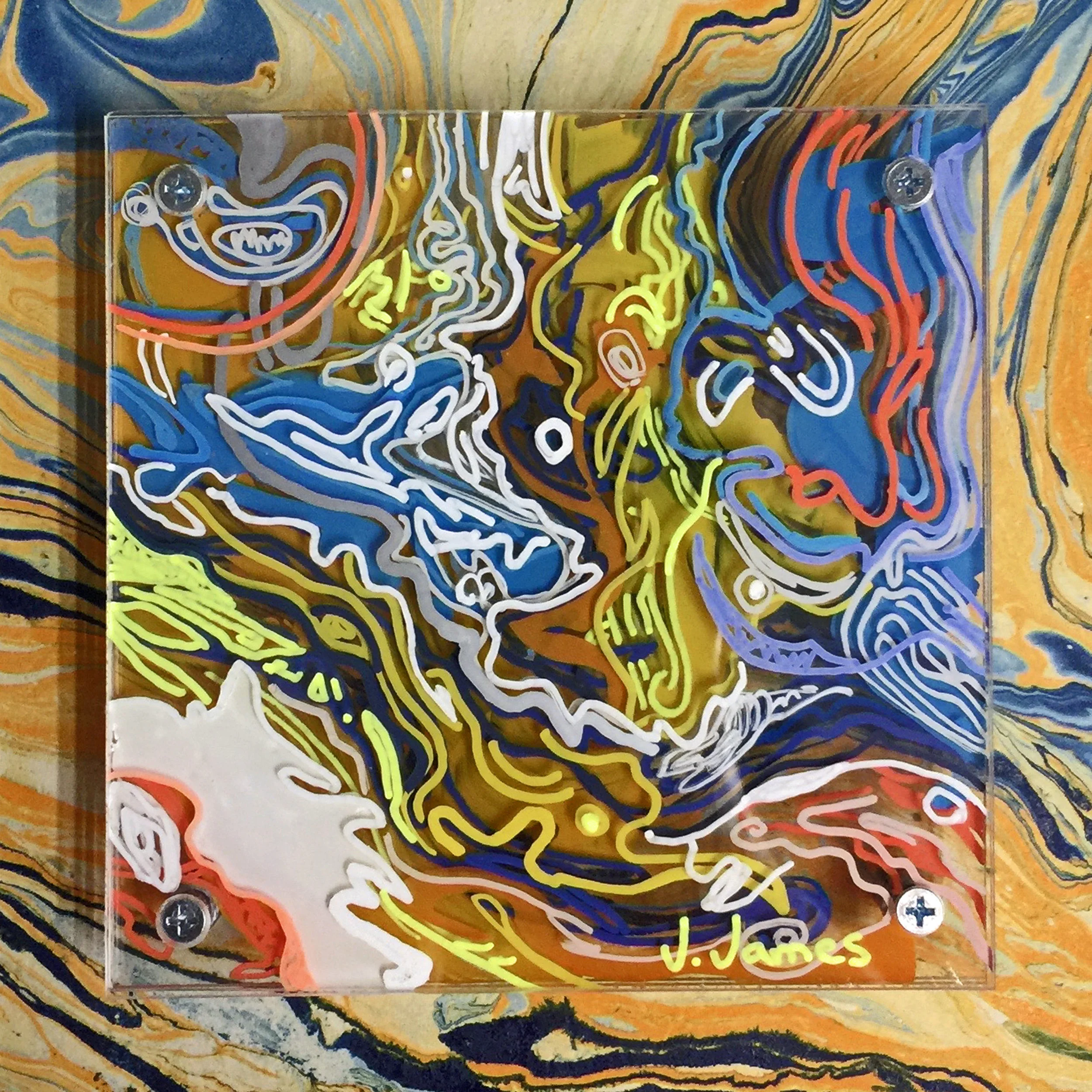Forgotten Spaghetti, 8" x 8" Mixed Media and Acrylic on Multi-Panel Acrylic