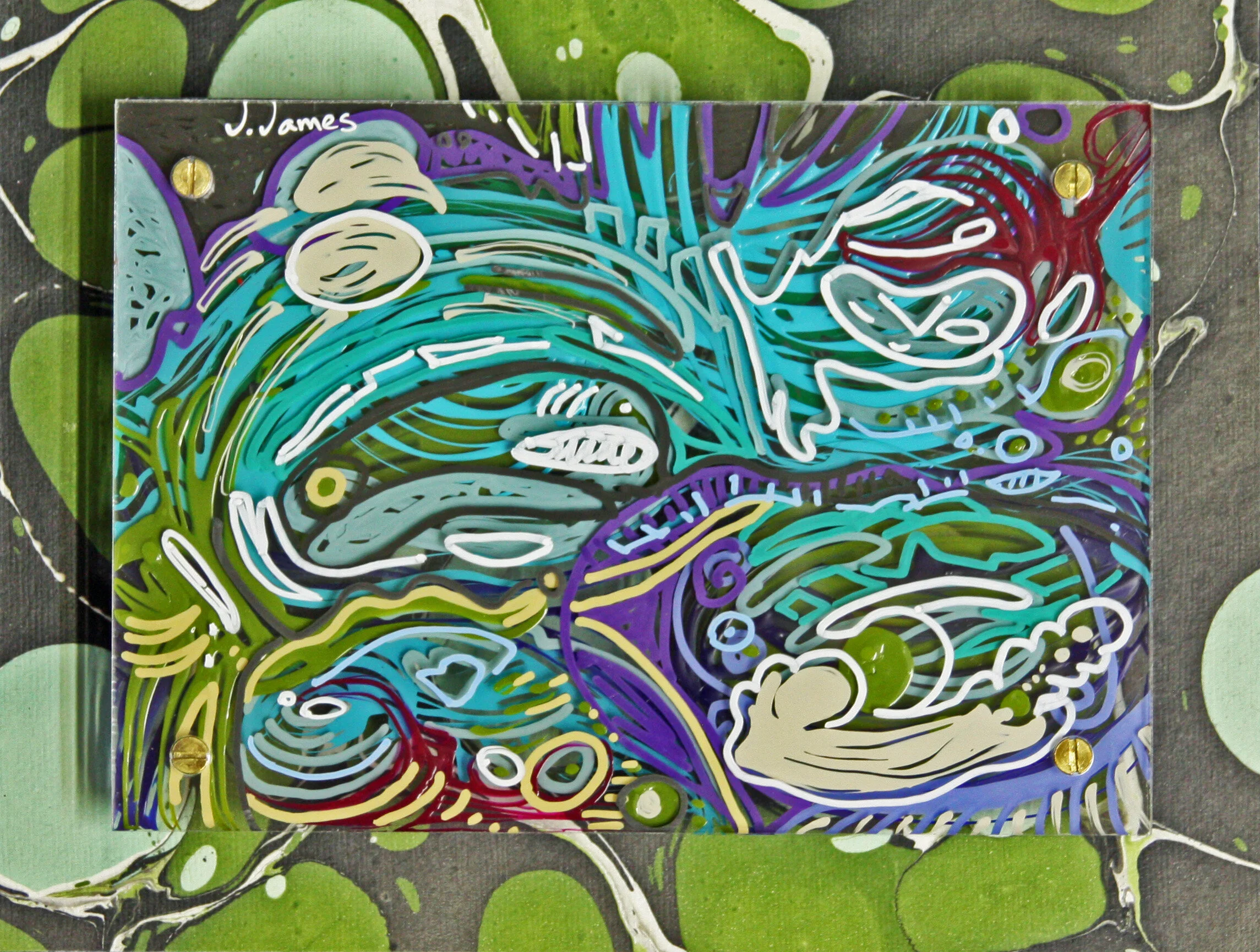 Crazyhorse Mongoose, 8" x 10.5" Multi-Pane Mixed Media Acrylic Glass Abstract Painting
