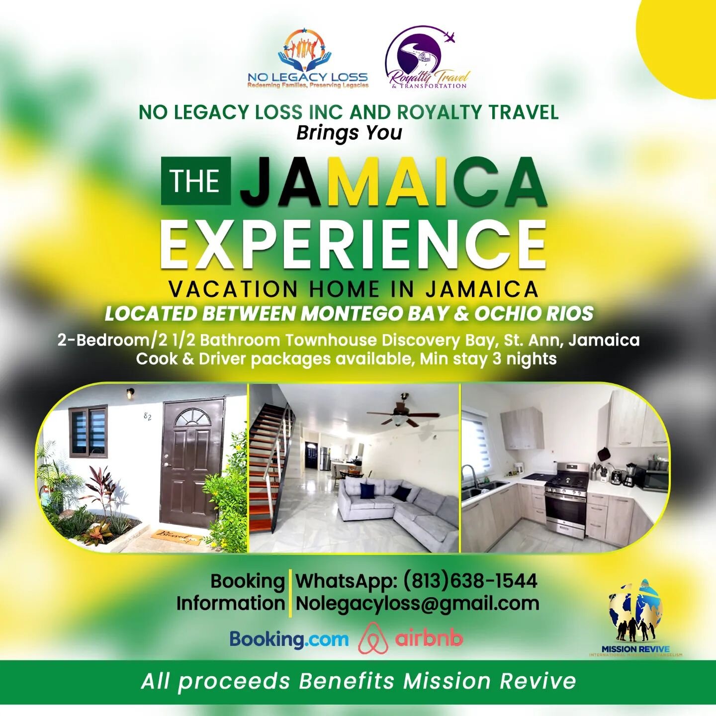 Book The Jamaica Experience (Spring Break Special)

5 day 4 nights W/ Driver &amp; Welcome Dinner
$1650.00 (based off 4 people $412pp)
Deposit $500.00

 (Airfare separate)

To book contact 
(813)638-1544
RoyaltyTravel0520@gmail.com