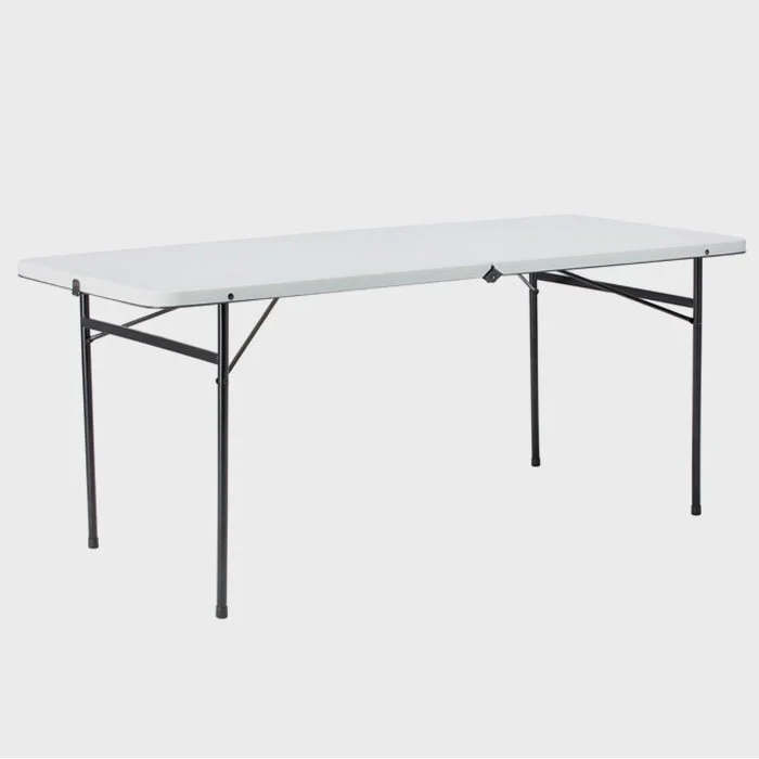 6-foot white folding table seating 6-8 at an event