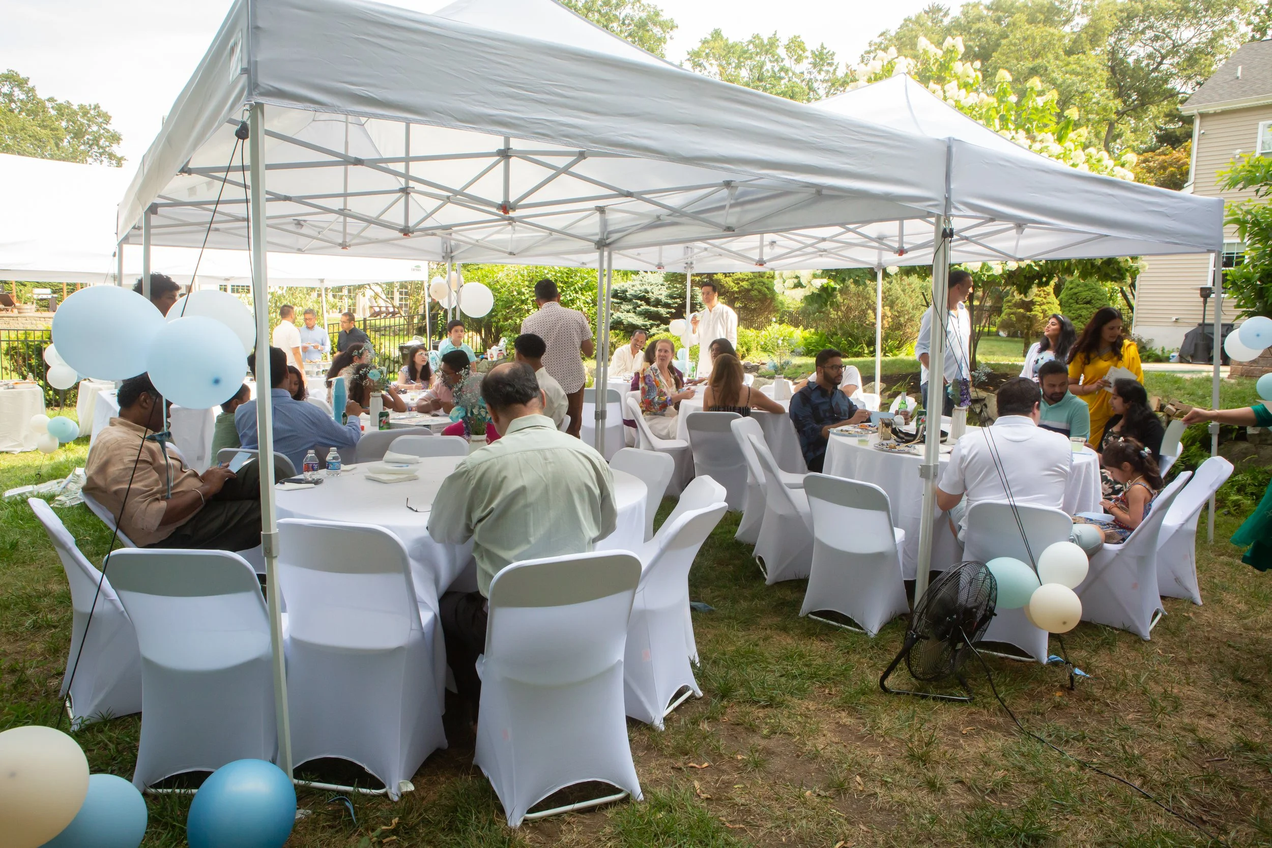 20x20 Tent table and chair full setup package with table cloths and chair cover linens