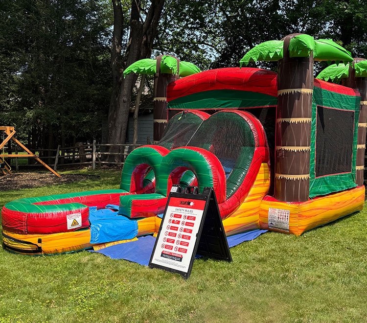 Tropical-themed wet and dry inflatable bounce house with slide