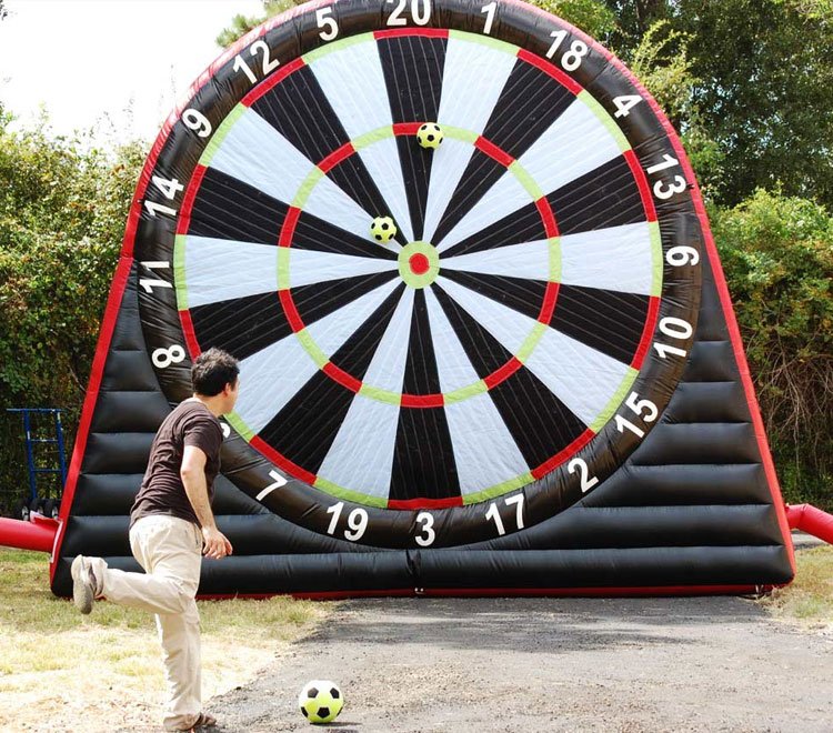 Oversized inflatable dartboard game with velcro soccer balls