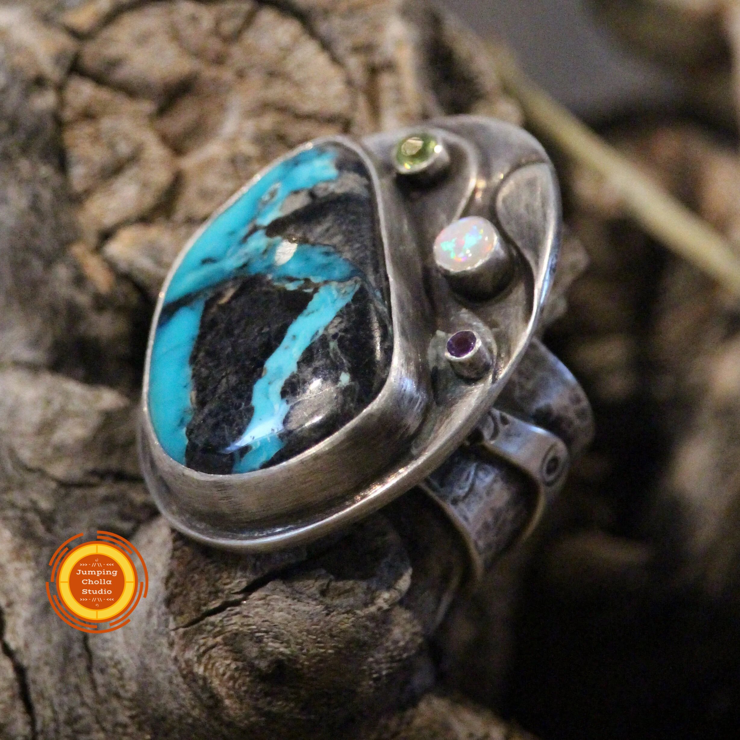 Turquoise Confluence Silver Ring front view 2