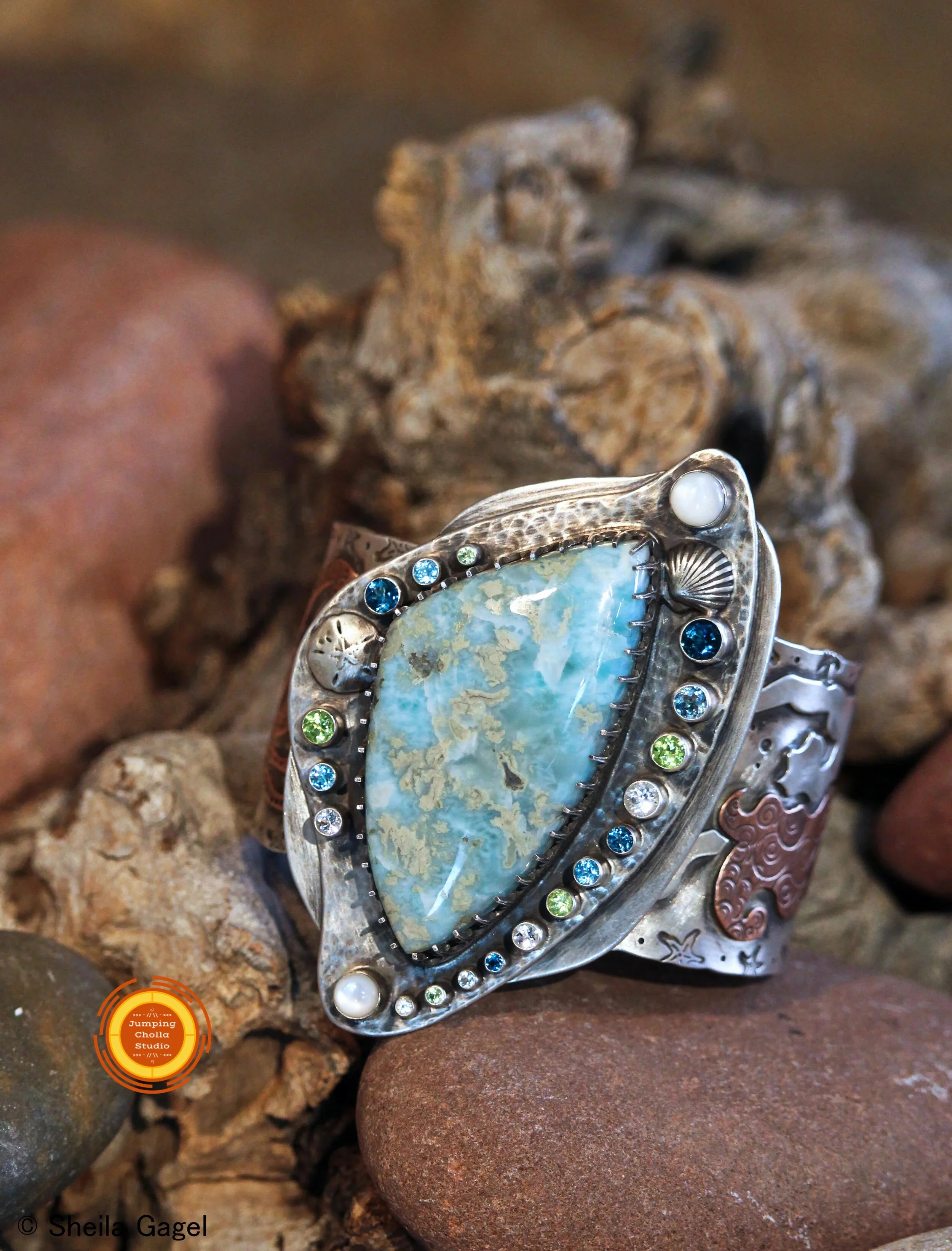 Mermaid's Tale Sterling Silver Cuff with Gemstones &amp; Mother of Pearl