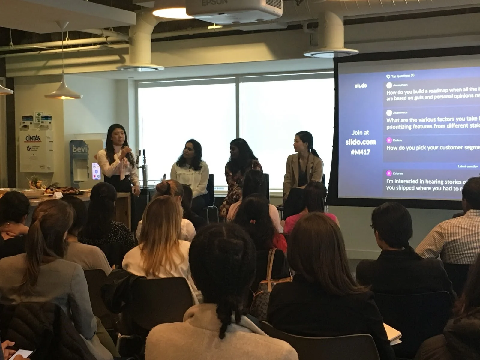 Nancy Wang, Founder & CEO of Advancing Women in Product (AWIP), moderates a panel of product leaders from Workday, Oracle, and Google, discussing best practices of product roadmap creation. Workday SF, July 2018