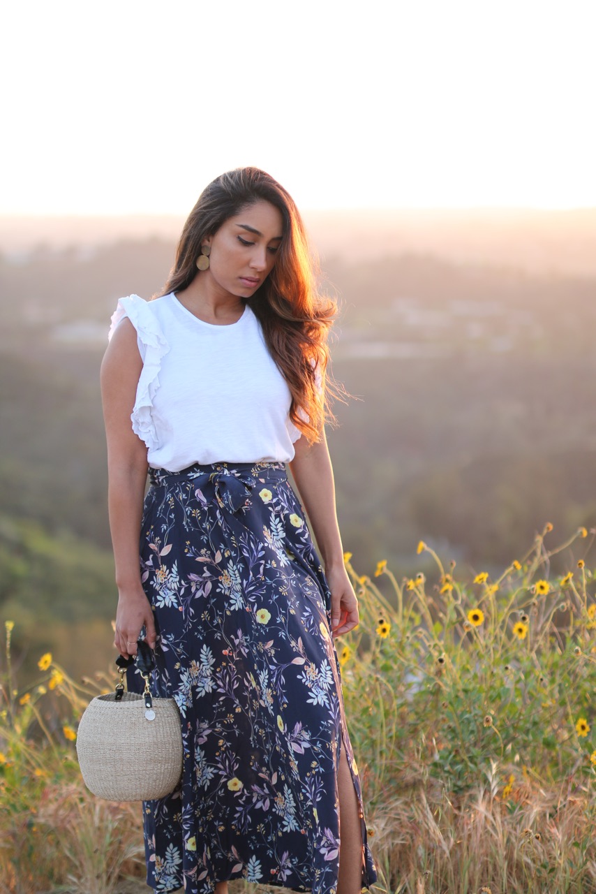 Here I am casually frolicking through Laurel Canyon wearing the softest white organic cotton tee, and silk blended skirt from AMOUR VERT, brass jewelery from Able, and my cute little Pot De Miel basket bag from LA brand CLARE V.