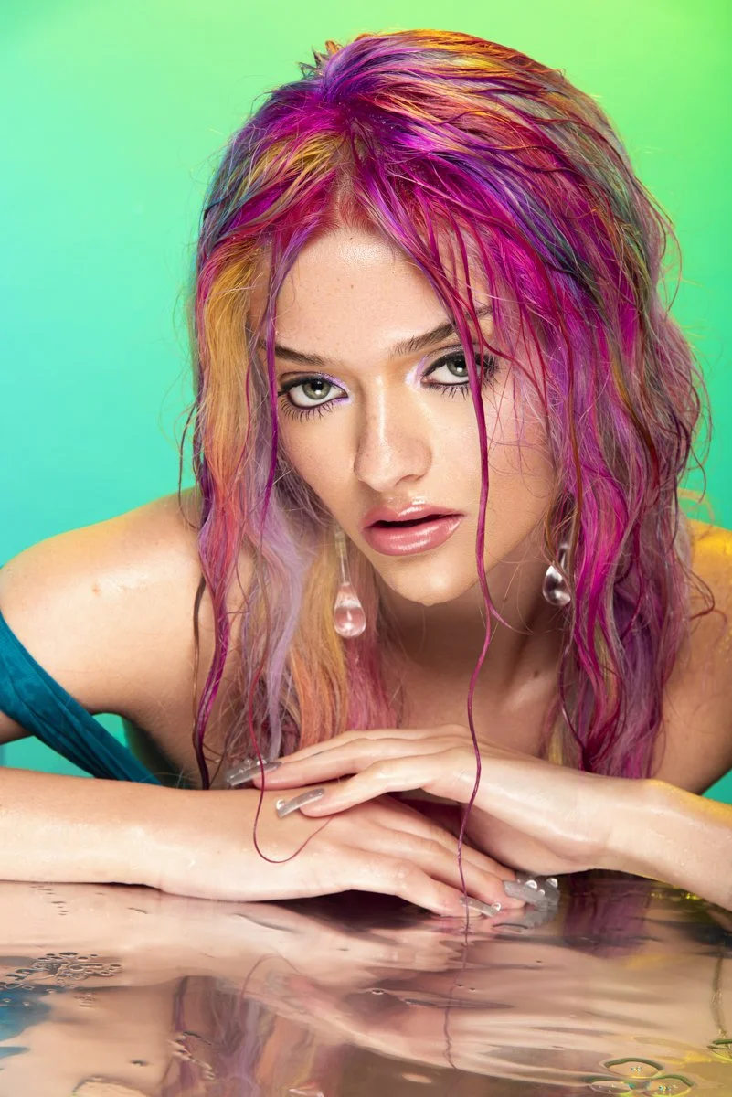 Spring Beauty Photoshoot Rain Rainbow Drops of Water Jewelry Makeup Iridescent Y2K Hollywood Los Angeles Photographer