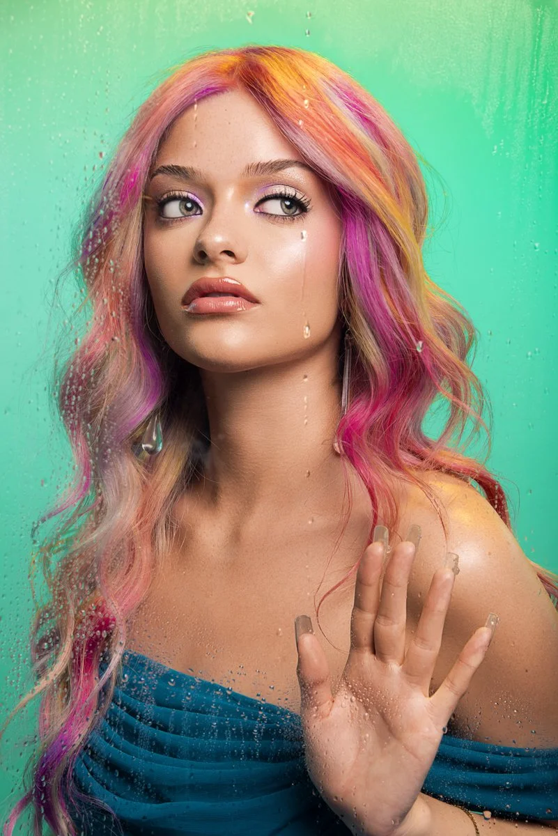 Spring Beauty Photoshoot Rain Rainbow Drops of Water Jewelry Makeup Iridescent Y2K Hollywood Los Angeles Photographer