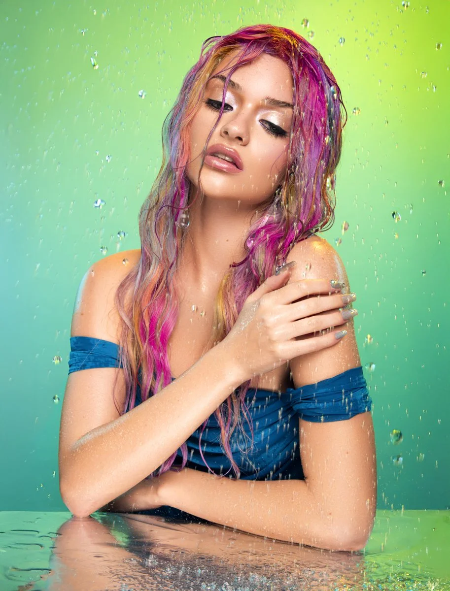 Spring Beauty Photoshoot Rain Rainbow Drops of Water Jewelry Makeup Iridescent Y2K Hollywood Los Angeles Photographer