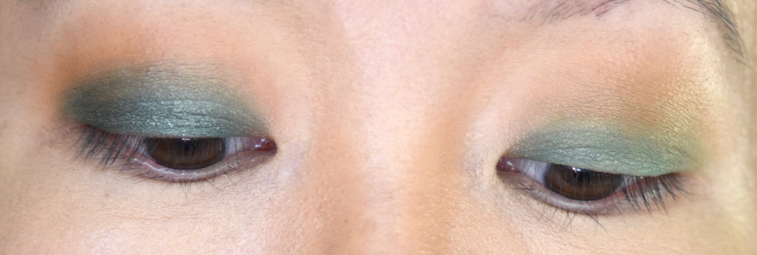 Left eye has shimmer shadow applied vs right