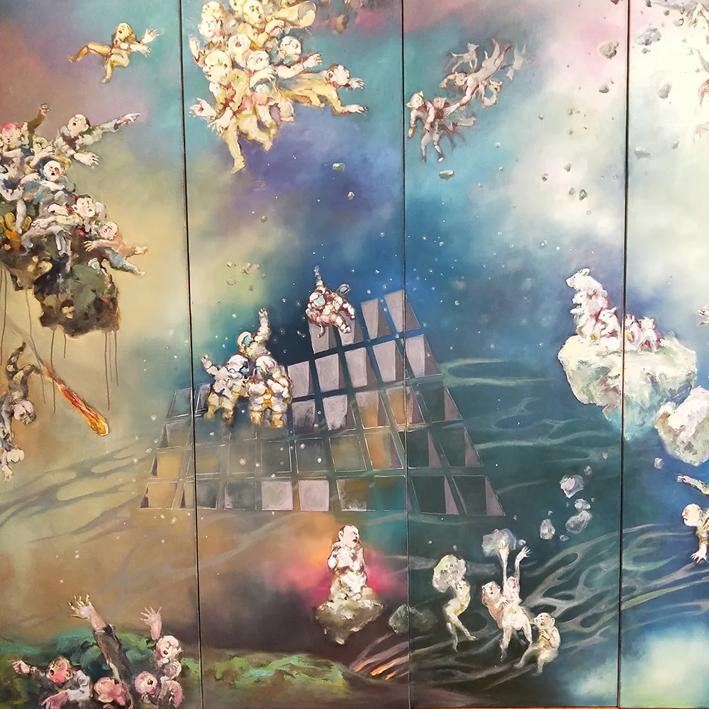 Chopsticks Exhibition at Stockroom ; Artist Yifeng Tan , My Space (detail), 2019, oil on canvas. 210 x 59 x 6cm.