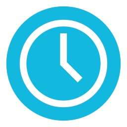 A blue circular icon with a black clock showing approximately 2:00.