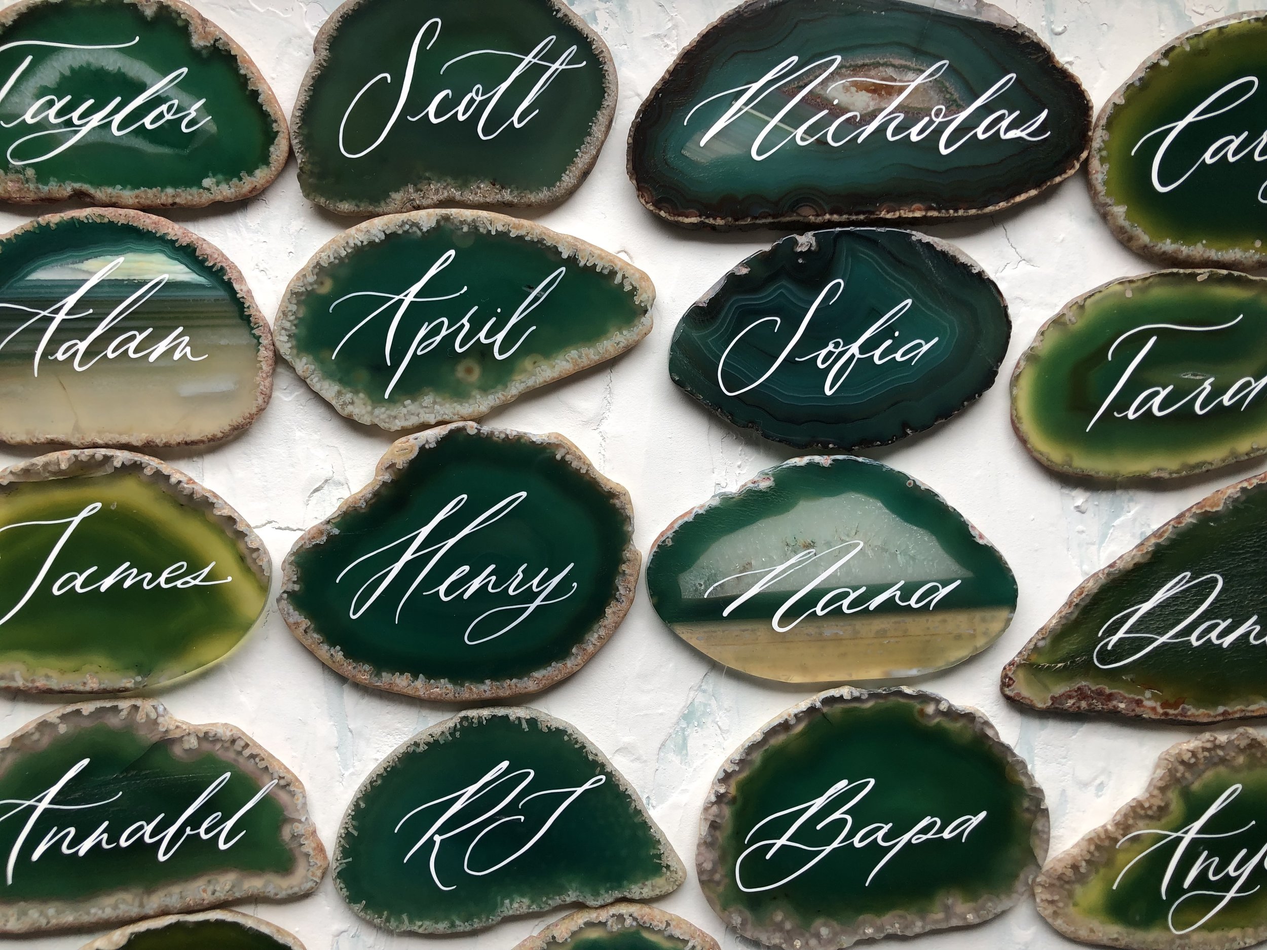 Green agate with white ink calligraphy