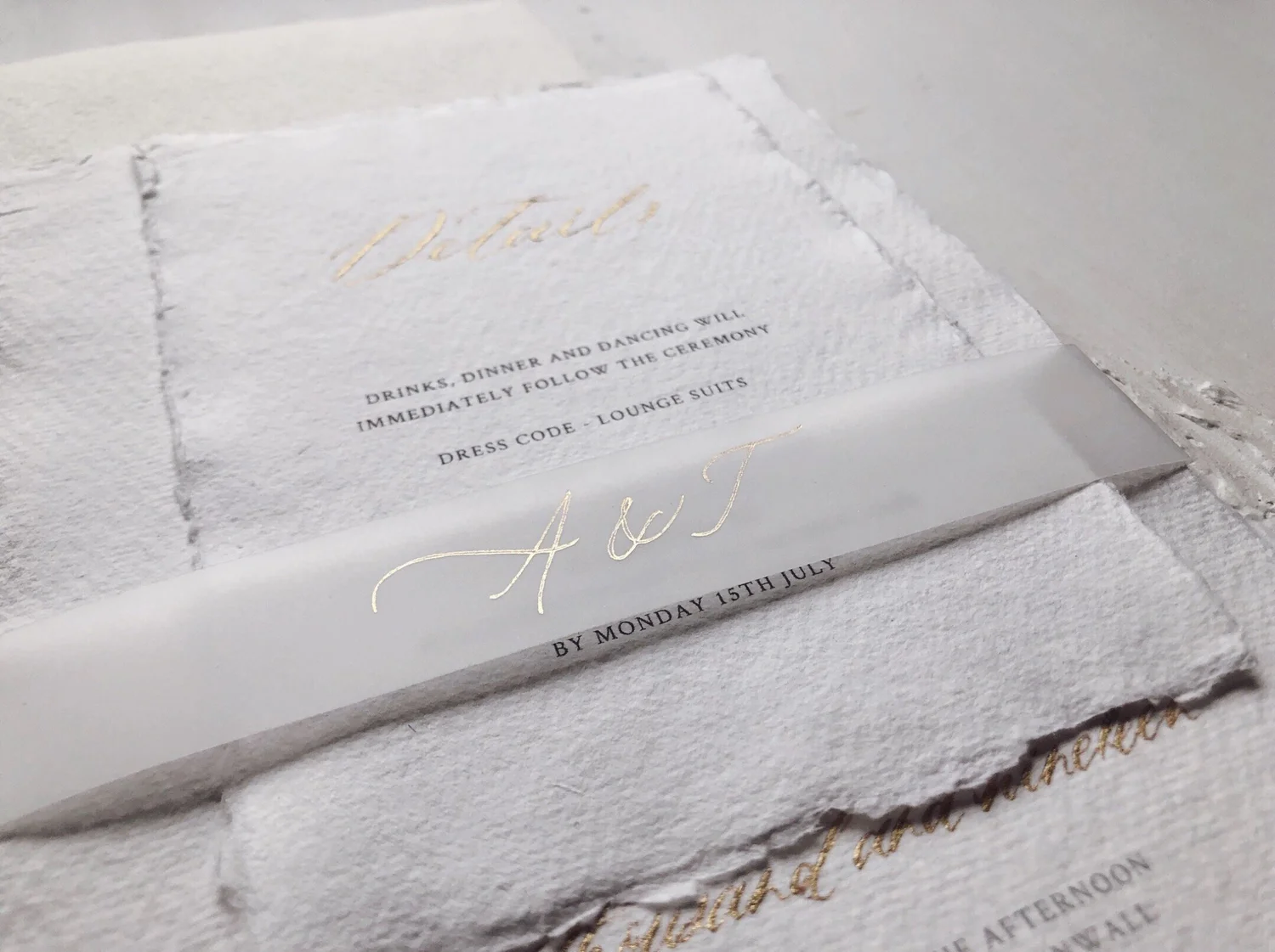 Foiled belly band vellum invitation belly band real foil belly