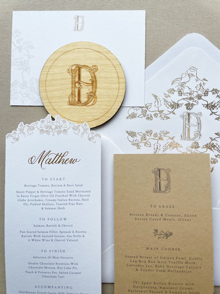 Bespoke luxury wedding stationery with custom monogram coaster