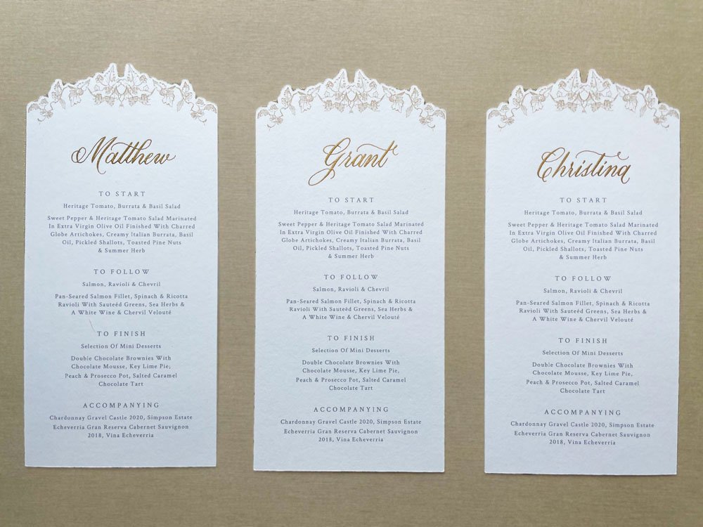 Custom wedding dinner menus with name