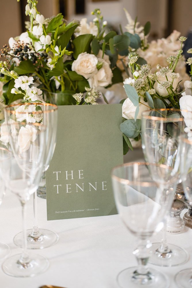 green table name cards with white ink print