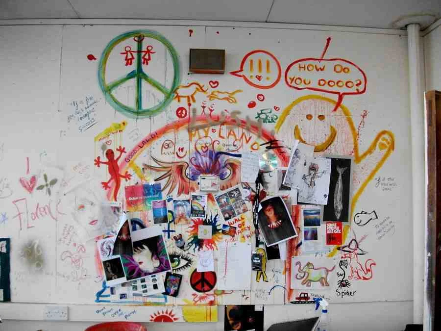 My work station during my time at sixth form in school. Our art teacher said we could put up pictures at our desks. That soon evolved into 'completely destroy the wall' with myself and the hand full of other students who actually stuck with art. I loved the hell out of this wall.