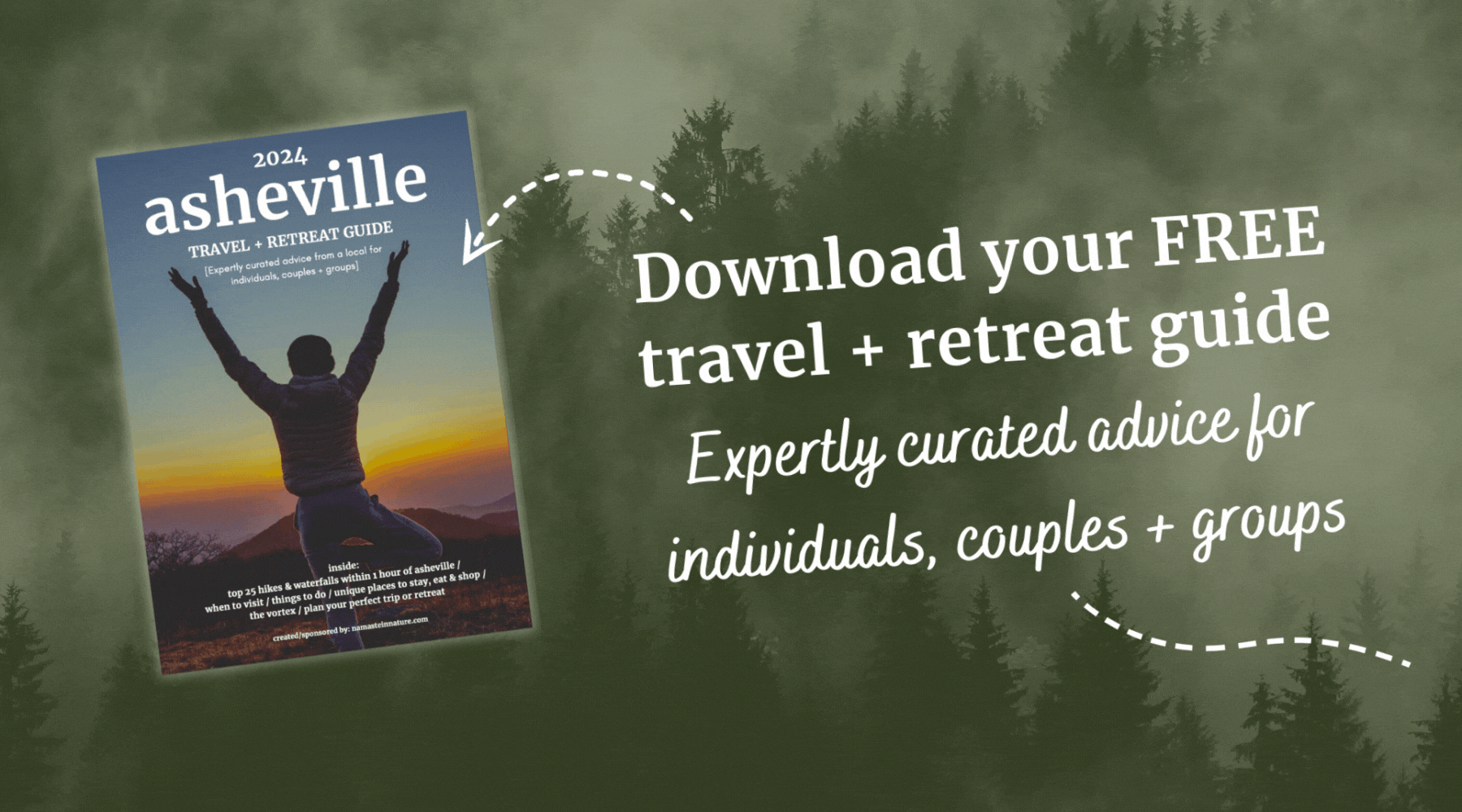 Download your FREE Asheville travel + retreat guide!  Updated for 2024 with even more information and options for: hiking, yoga, healthy dining, spa & wellness experiences and other uniquely Asheville activities for any budget.
