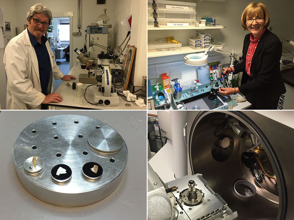 John Gilleece in the polishing lab, Prof Maggie Cusack preparing for the SEM, oyster shell pieces set onto SEM stubs, the vacuum chamber of the SEM with stub mounted inside. 